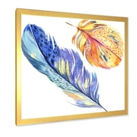 Designart 'Színes kék és arany madár toll a szárnyból' bohém és eklektikus keretes művészeti nyomtatás