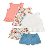 Gyerekek a Garanimals Girls Flamingo Tank Tops-ból és a papírzacskó rövidnadrágból, 5 darabos ruhákból, Méretek 4-10