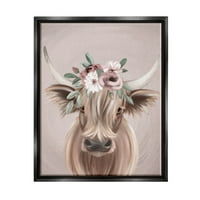 Highland szarvasmarha rózsaszín virágkorona állatok és rovarok grafikus jet fekete keretes művészet nyomtatott fali művészet