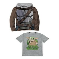 Baby Yoda fiúk kapucnis hosszú ujjú és rövid ujjú grafikus póló, 2 csomag, méret 4-18