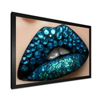 Designart 'Woman ajkak fekete rúzs kék gyémántok modern keretes művészeti nyomtatása